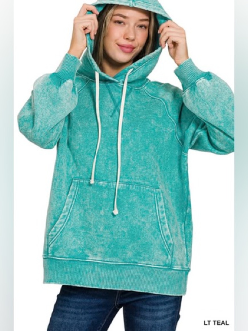 NWOT SIZE L Zenana Outfitters Teal Mineral Wash Pullover Hoodie